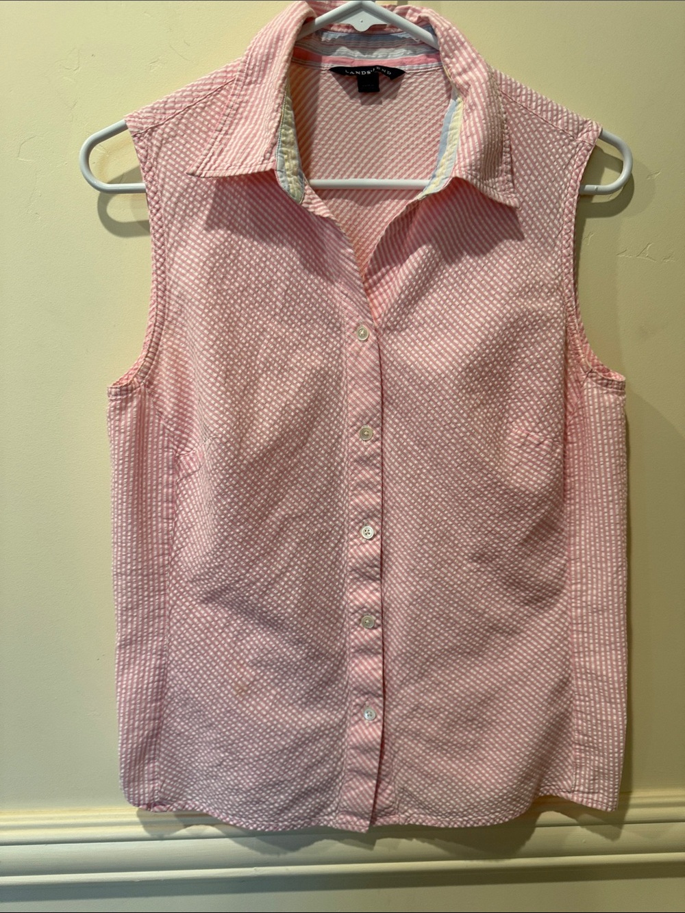 Lands’ End Pink & White Seersucker Top Size 10 Summer Vacation